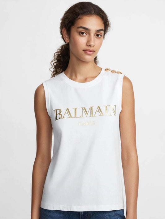 Balmain Paris Gold Logo Sleeveless Tank Top - White #00317