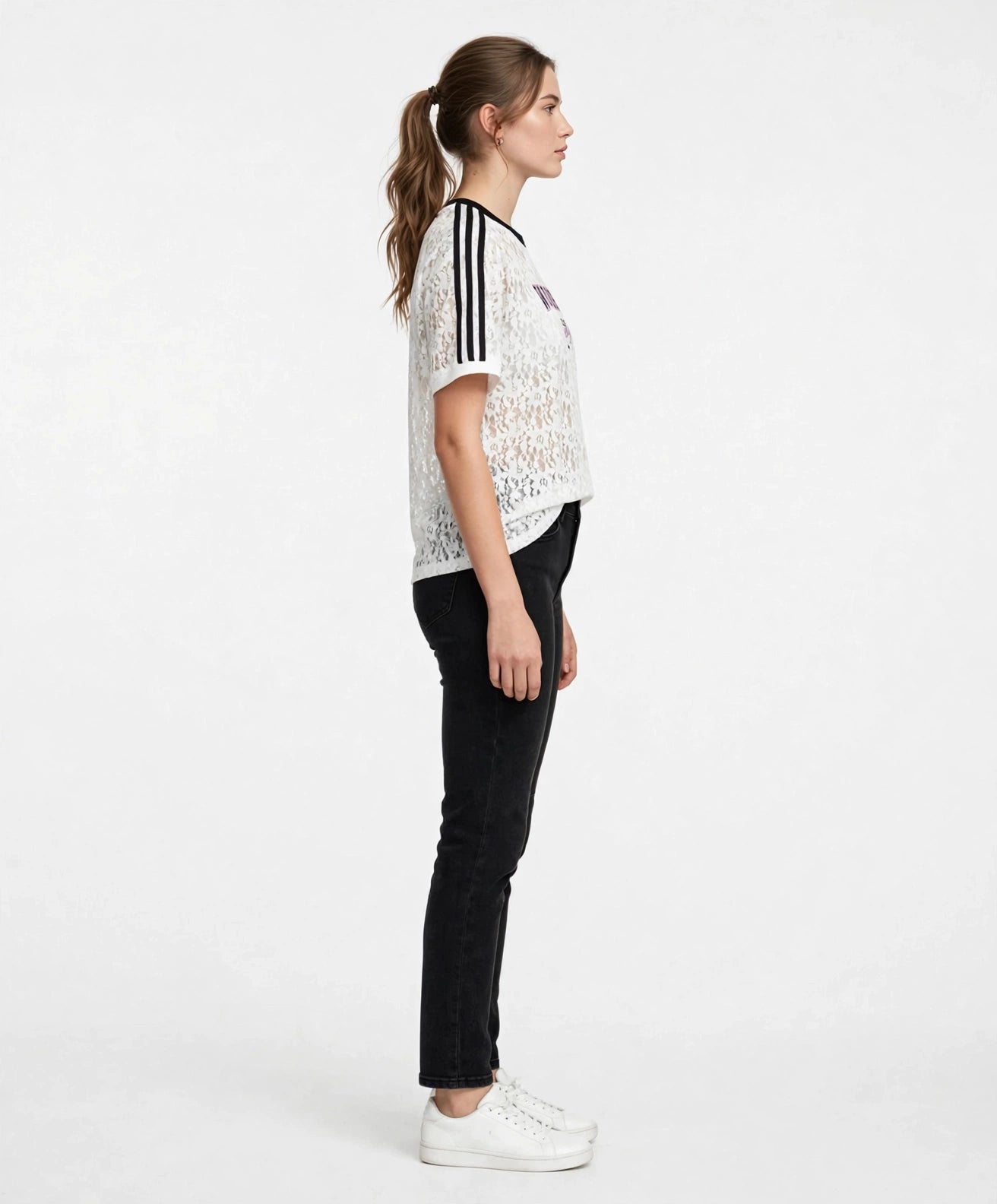WONDERFUL Lace Graphic Tee with Stripe Shoulder Details #00371