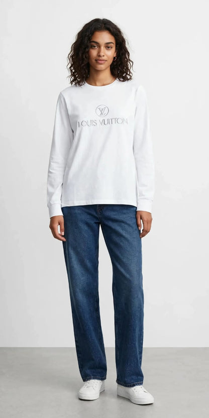 Women's Louis Vuitton Inspired Embroidered Long Sleeve Tee - White #00233