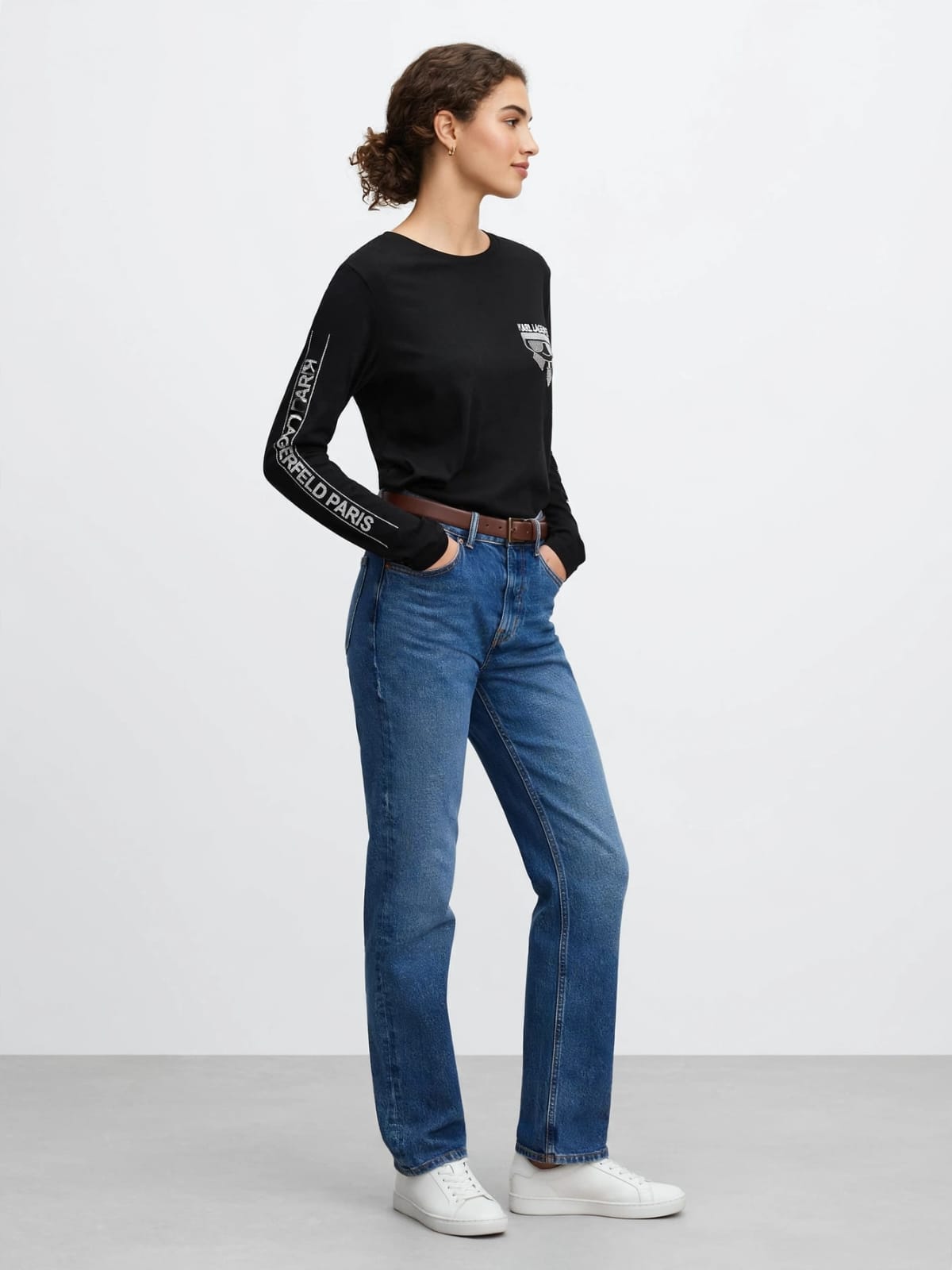 Karl Lagerfeld Paris Long Sleeve Graphic T-Shirt - Black Cotton Tee with Logo Print #00363
