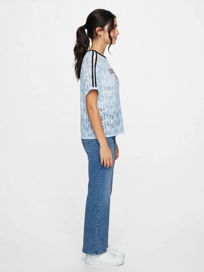 WONDERFUL Lace Graphic Tee with Stripe Shoulder Details #00371