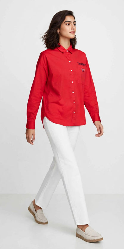 Bold Red Button-Up Chemise – Tommy Jeans Printed Logo Cotton Top #00344