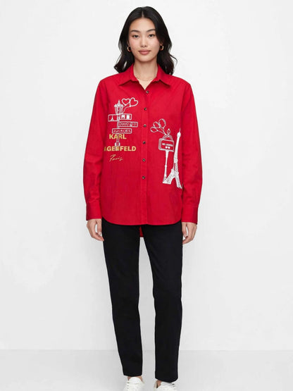 Karl Paris Sketch Button Down  Chemise  - Eiffel Tower Graphic Blouse #00338