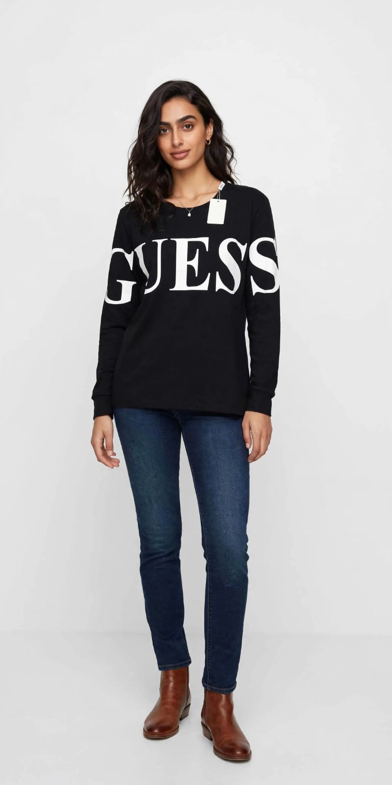 Women's Guess Triangle Logo Long Sleeve Tee - Black#00329
