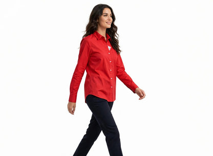Tommy Women's Classic Fit Red Button-Down Shirt - Premium Cotton Long Sleeve#00345