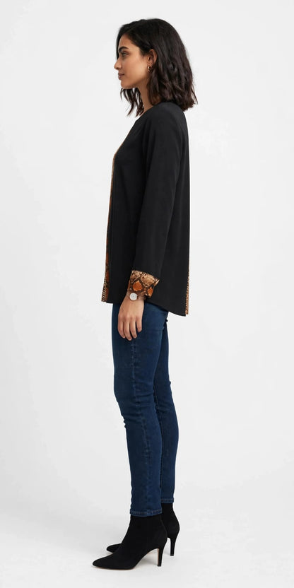 Women's Snakeskin Panel Long Sleeve Tunic Top - Black & Brown #00330