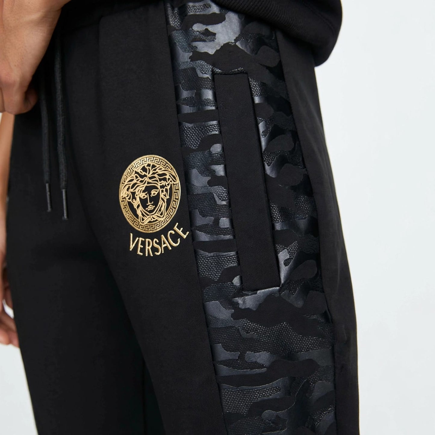 Versace Women's Medusa Track Pants - Black with Gold Logo & Greca Camo Side Panels #00351