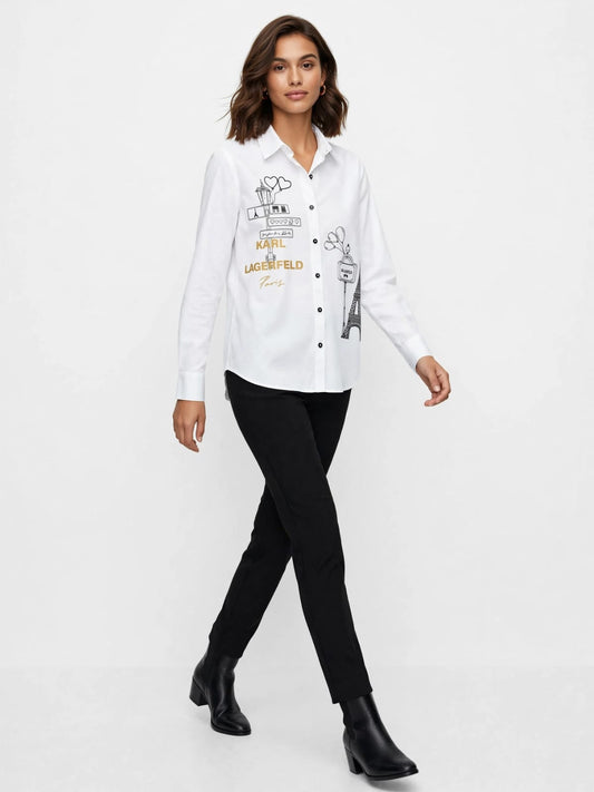 Karl Paris Sketch Button Down  Chemise  - Eiffel Tower Graphic Blouse #00338