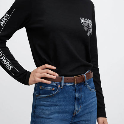 Karl Lagerfeld Paris Long Sleeve Graphic T-Shirt - Black Cotton Tee with Logo Print #00363