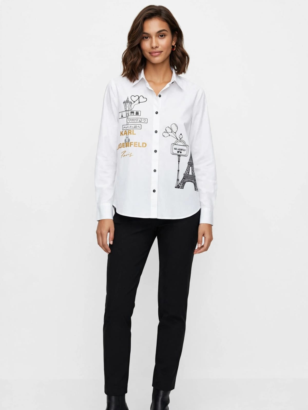 Karl Paris Sketch Button Down  Chemise  - Eiffel Tower Graphic Blouse #00338