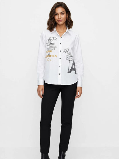 Karl Paris Sketch Button Down  Chemise  - Eiffel Tower Graphic Blouse #00338