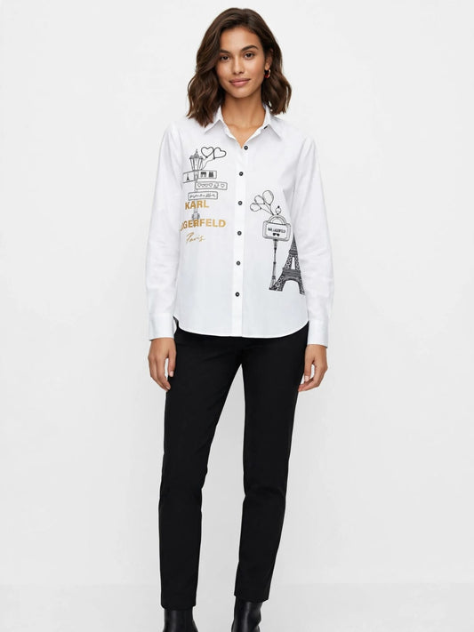 Karl Paris Sketch Button Down  Chemise  - Eiffel Tower Graphic Blouse #00338