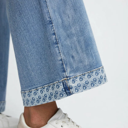 Women's Wide Leg High Rise Jeans - Light Wash Blue Denim with Embroidered Hem #00348