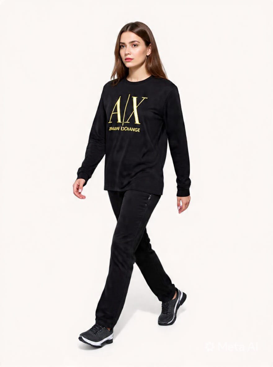 Women's Armani Exchange Long Sleeve Crewneck Logo T-Shirt - Black & Gold #00325