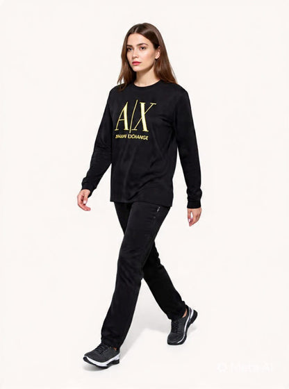 Women's Armani Exchange Long Sleeve Crewneck Logo T-Shirt - Black & Gold #00325