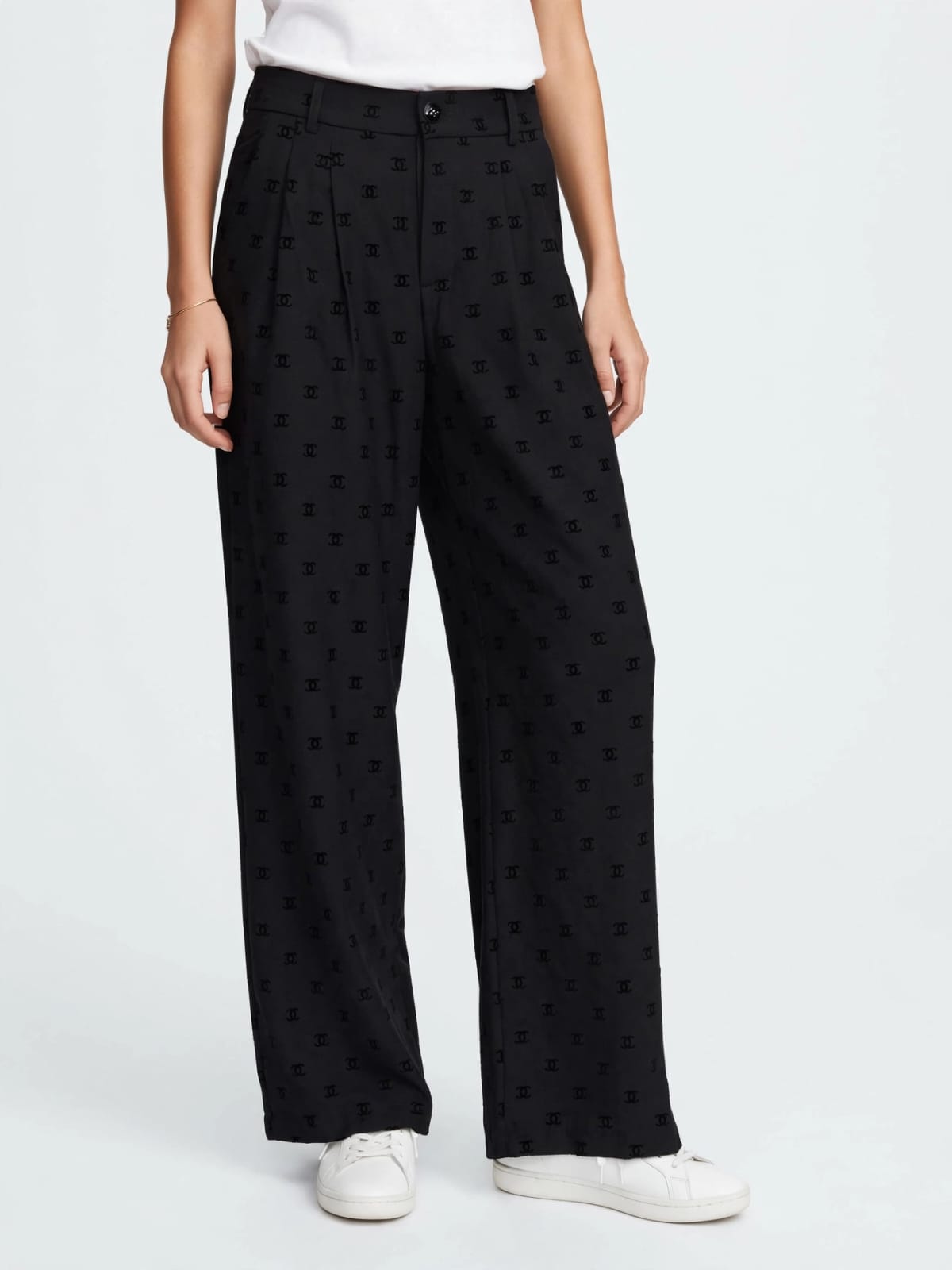 Women's Chanel Black Logo Print Trousers - Elegant Wide Leg #00352