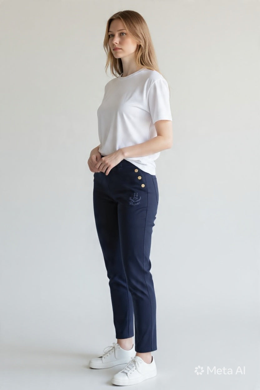 Tommy Navy Leggings - Gold Side Button One Size Stretch Pants #00377
