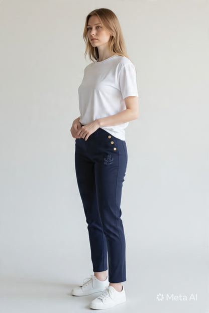 Tommy Navy Leggings - Gold Side Button One Size Stretch Pants #00377