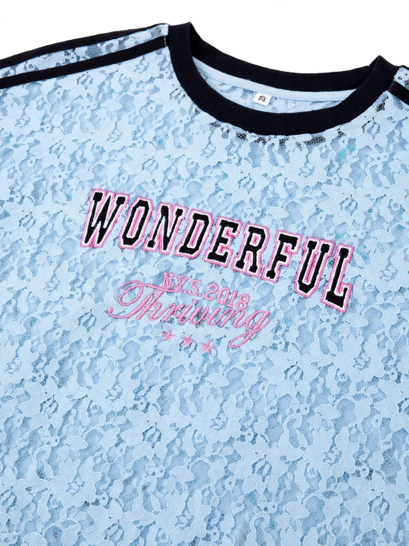 WONDERFUL Lace Graphic Tee with Stripe Shoulder Details #00371