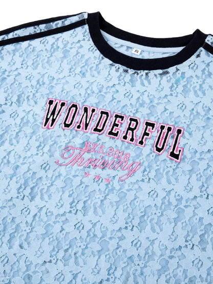 WONDERFUL Lace Graphic Tee with Stripe Shoulder Details #00371