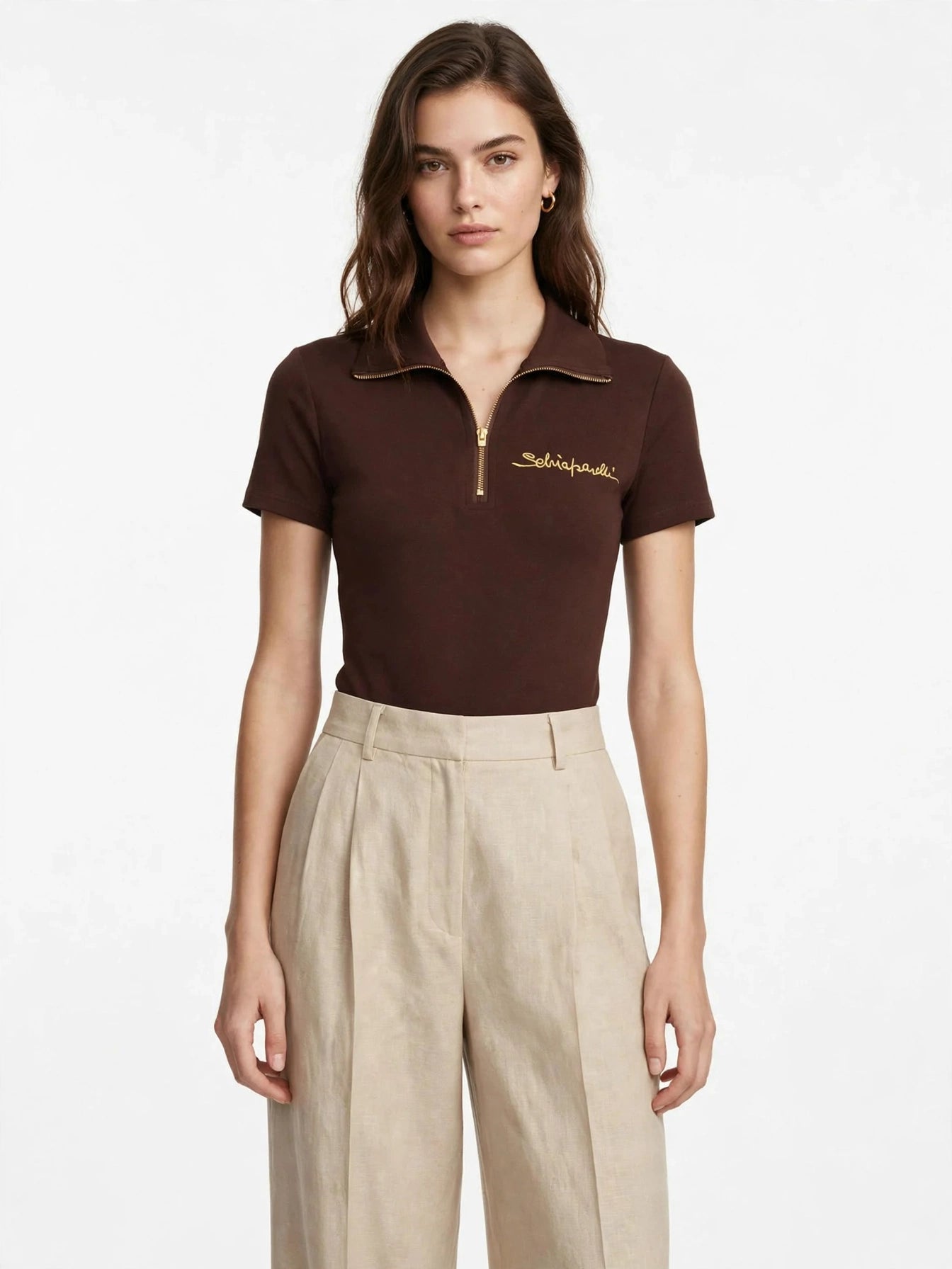 Schiaparelli Signature Embroidered Zip Polo Top - Short Sleeve Ribbed Collared Shirt-#00399
