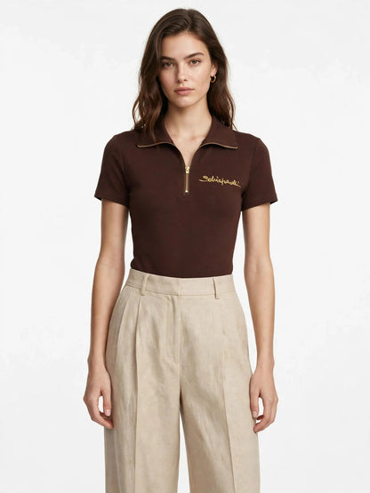 Schiaparelli Signature Embroidered Zip Polo Top - Short Sleeve Ribbed Collared Shirt-#00399