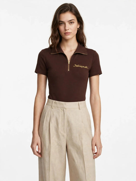 Schiaparelli Signature Embroidered Zip Polo Top - Short Sleeve Ribbed Collared Shirt-#00399