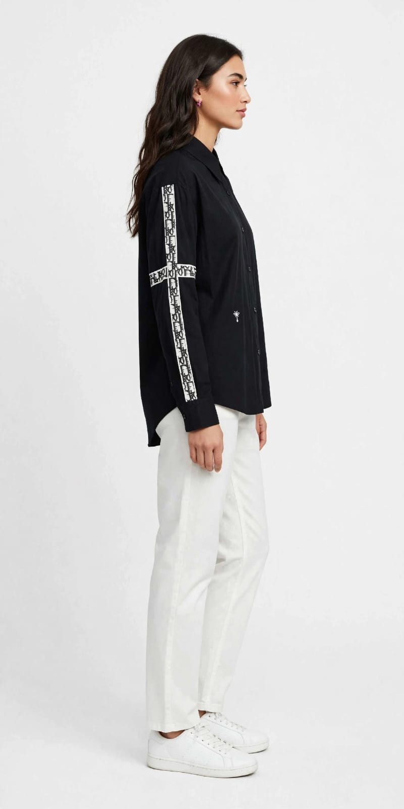 Women's Graphic Tape Button Down  Chemise  - Black with White Logo Sleeve Detail #00331