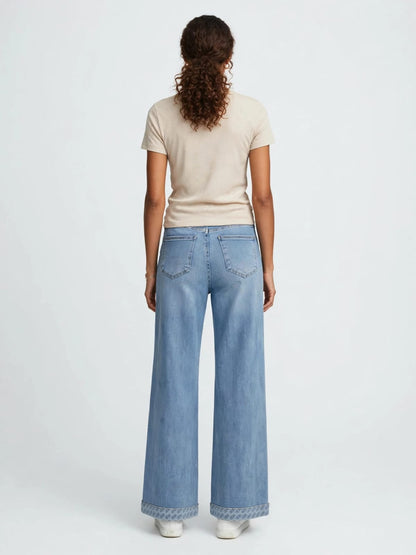 Women's Wide Leg High Rise Jeans - Light Wash Blue Denim with Embroidered Hem #00348