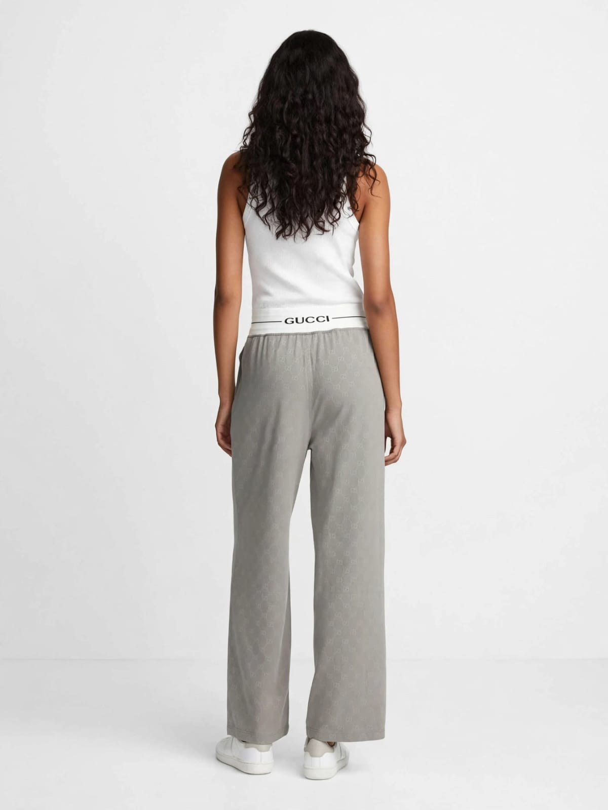 Gucci Logo Waistband Track Pants - Grey Monogram Wide Leg #00356