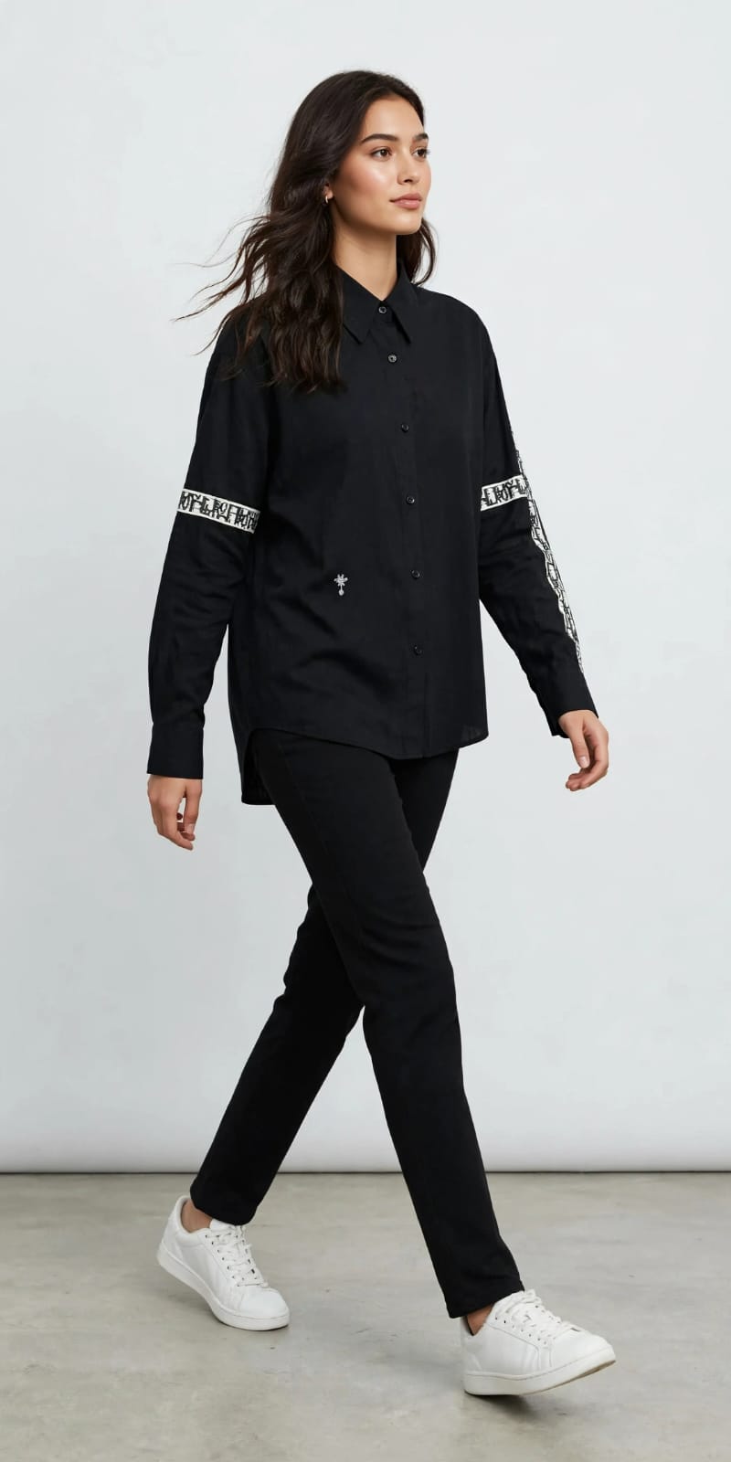 Women's Graphic Tape Button Down  Chemise  - Black with White Logo Sleeve Detail #00331