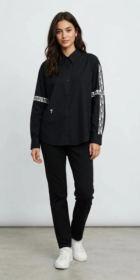 Women's Graphic Tape Button Down  Chemise  - Black with White Logo Sleeve Detail #00331