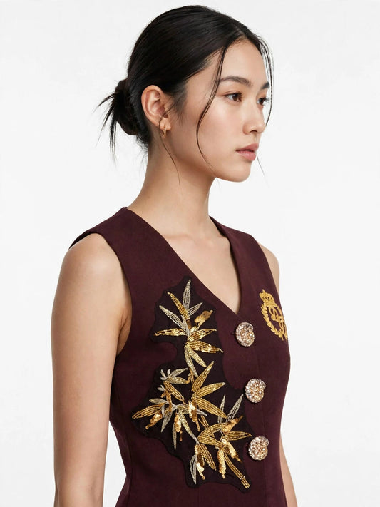 Dolce & Gabbana Embroidered Crest Vest - Sleeveless V-Neck Gold Leaf Jeweled Button Top-#00400
