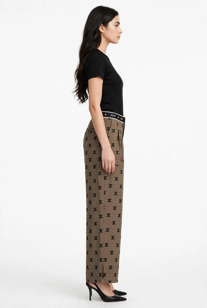 Women's High-Waist Wide Leg Pants - Grey Monogram Print Palazzo Trousers #00346
