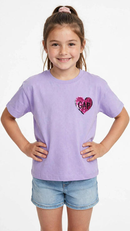 GAP Girls Sequin Heart T-Shirt - Kids Flip Sequin Tee -#00385