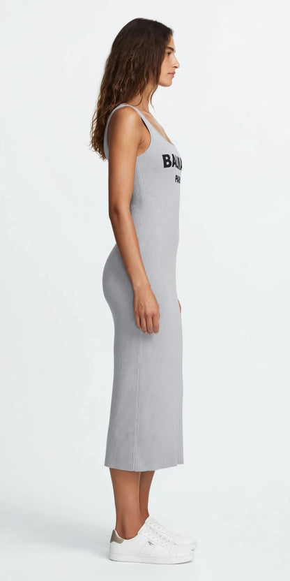 Paris Logo Ribbed Tank Midi Dress - Bodycon Side Slit Dress #00335