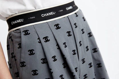 Women's High-Waist Wide Leg Pants - Grey Monogram Print Palazzo Trousers #00346