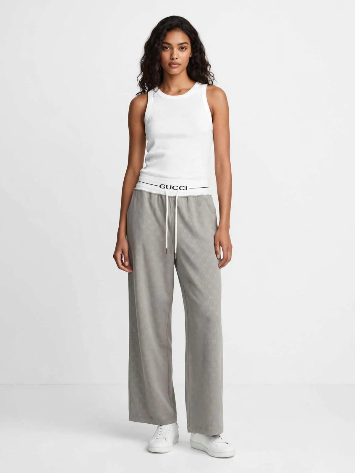 Gucci Logo Waistband Track Pants - Grey Monogram Wide Leg #00356