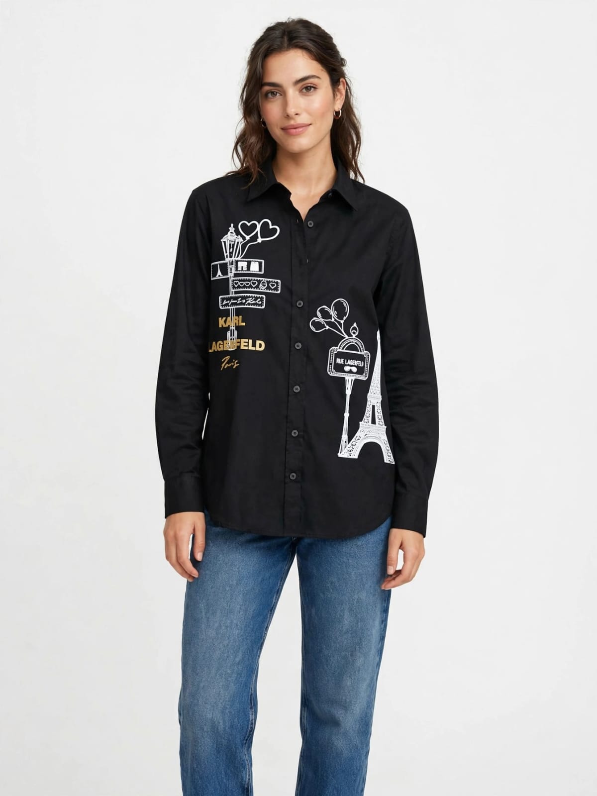 Karl Paris Sketch Button Down  Chemise  - Eiffel Tower Graphic Blouse #00338