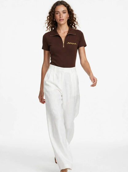 Schiaparelli Signature Embroidered Zip Polo Top - Short Sleeve Ribbed Collared Shirt-#00399