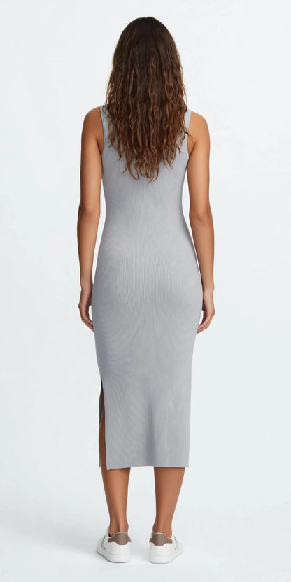 Paris Logo Ribbed Tank Midi Dress - Bodycon Side Slit Dress #00335