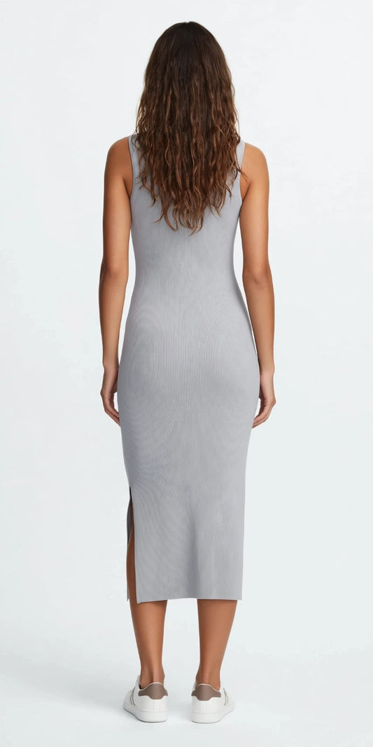 Paris Logo Ribbed Tank Midi Dress - Bodycon Side Slit Dress #00335