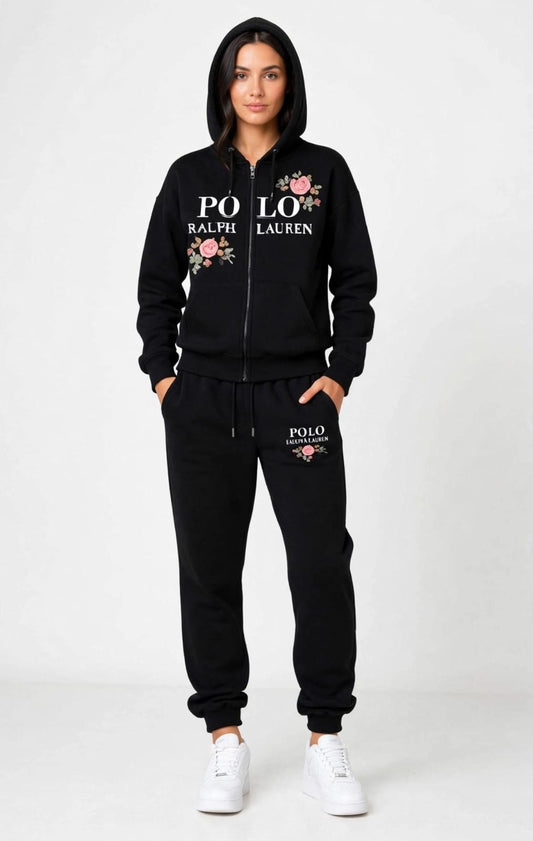 Polo Floral Embroidered Women's Tracksuit Set - Zip-Up Hoodie & Joggers #00340
