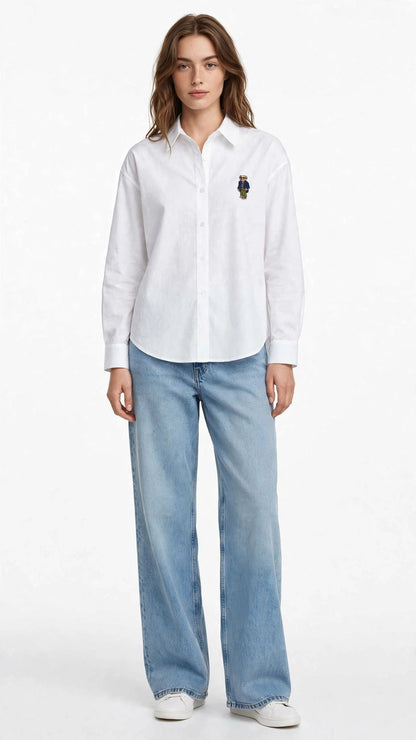 Ralph Lauren Polo Bear Embroidered Oxford Shirt - White Classic Fit-#00396