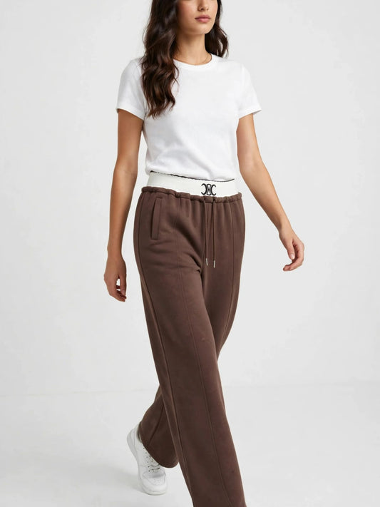Celine Logo Waistband Track Pants - Brown Wide Leg Joggers #00354