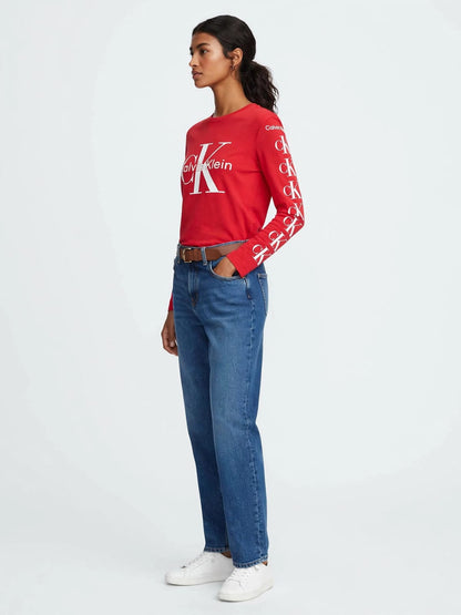 Calvin Klein Long Sleeve Logo T-Shirt - Red Cotton Tee with Bold CK Print #00364