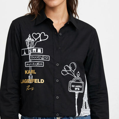 Karl Paris Sketch Button Down  Chemise  - Eiffel Tower Graphic Blouse #00338
