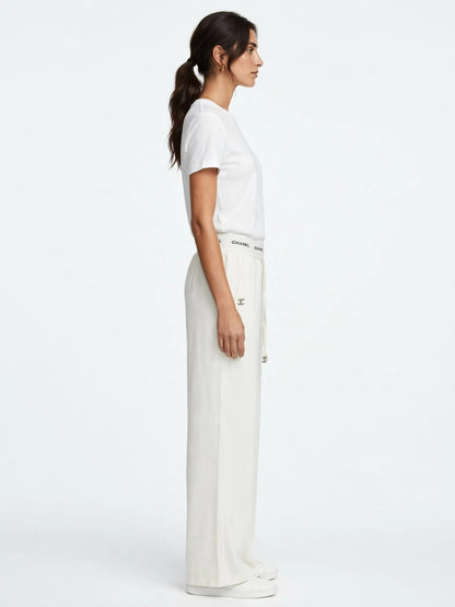 Women's High-Waist Wide Leg Palazzo Pants - White with Logo Waistband & Drawstring #00347