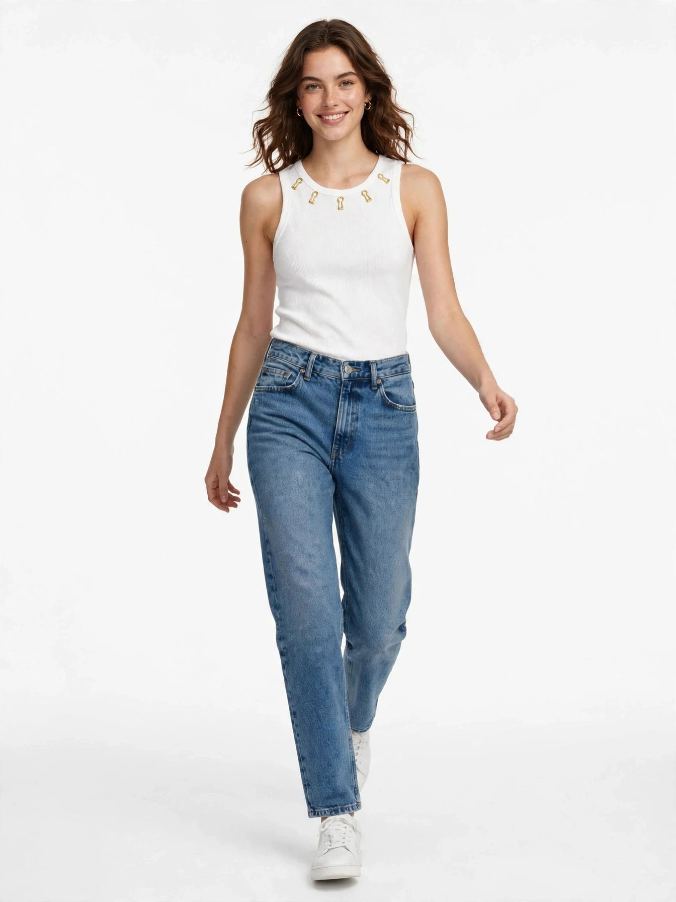 Embellished Safety Pin Tank Top - Sleeveless Ribbed Top with Gold Hardware Neckline-#00401