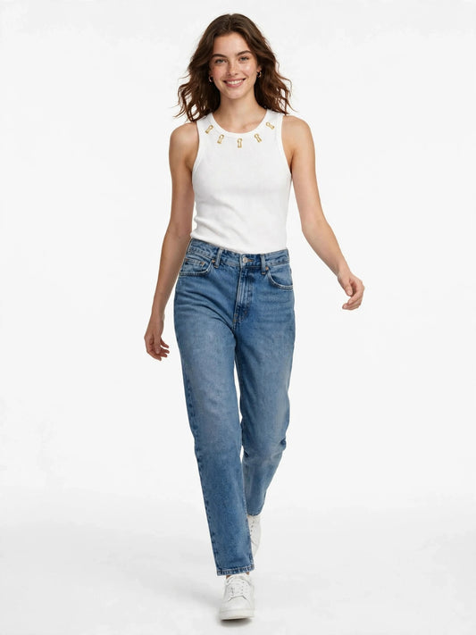 Embellished Safety Pin Tank Top - Sleeveless Ribbed Top with Gold Hardware Neckline-#00401